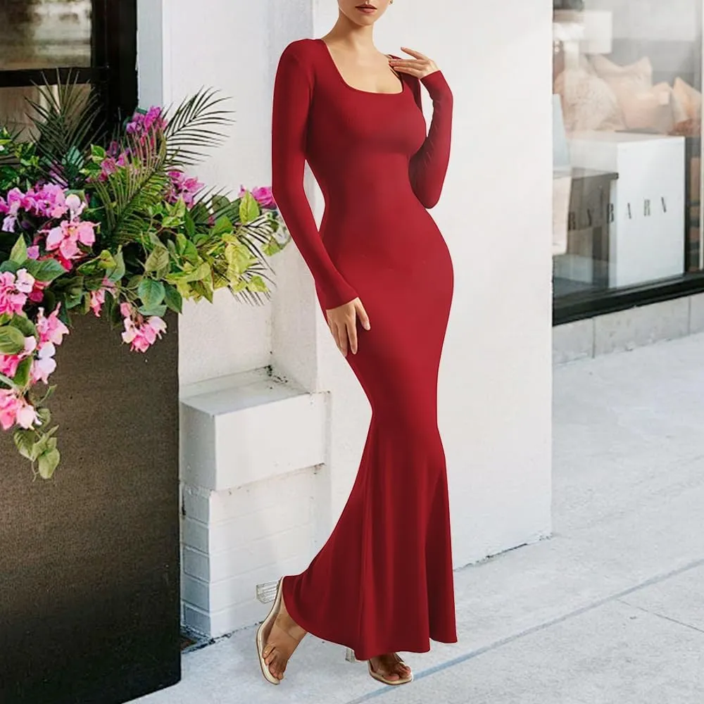 SUUKSESS Women Ribbed Maxi Long Sleeve Dress Square Neck Sexy Bodycon Dresses