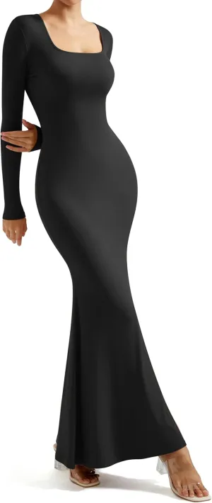SUUKSESS Women Ribbed Maxi Long Sleeve Dress Square Neck Sexy Bodycon Dresses