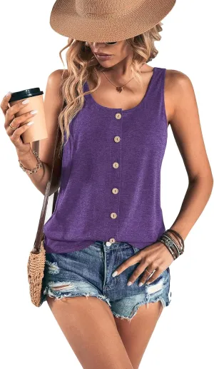 SweatyRocks Women's Scoop Neck Button Front Tank Top Casual Solid Sleeveless T Shirt