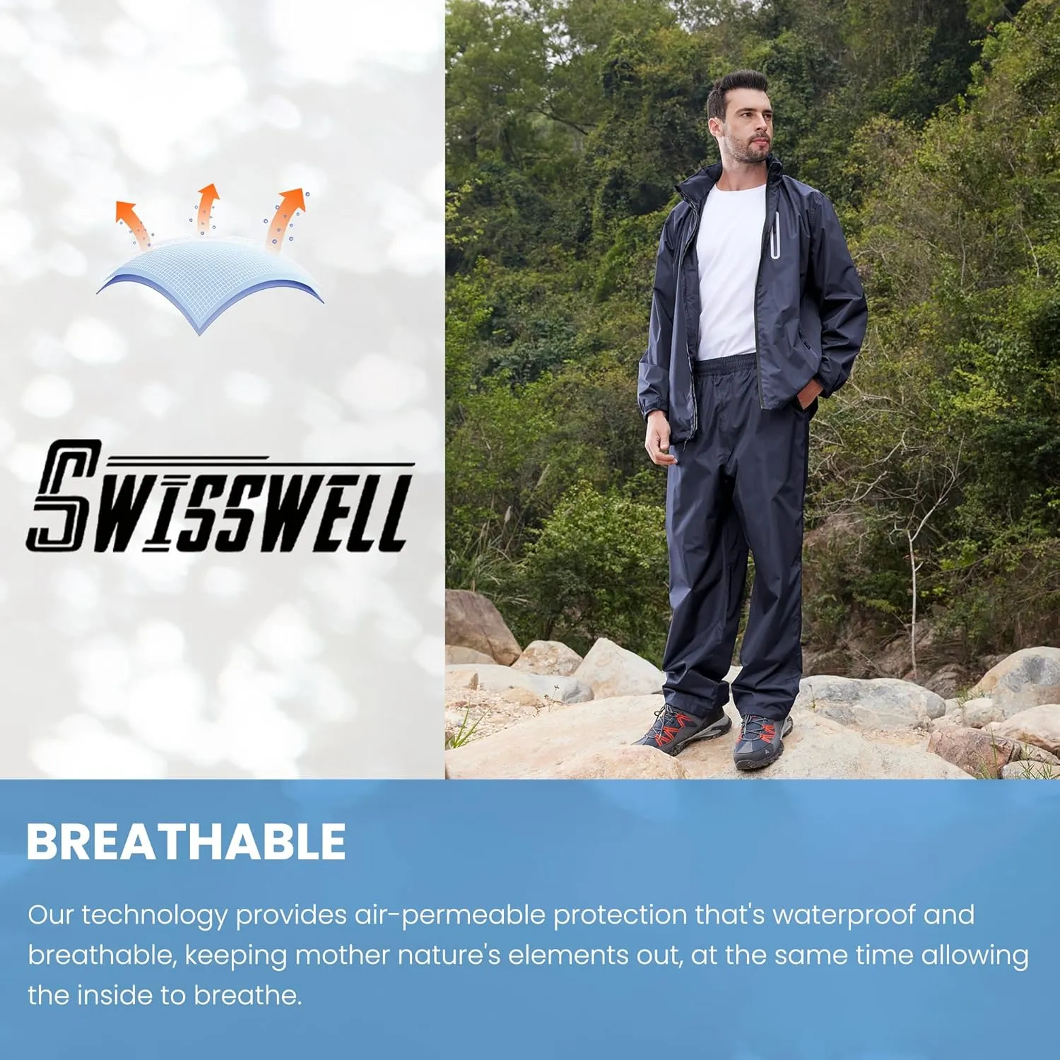 SWISSWELL Men Women Rain Suit Waterproof Lightweight Hooded Raincoat Jacket and Pants for Golf, Hiking, Travel