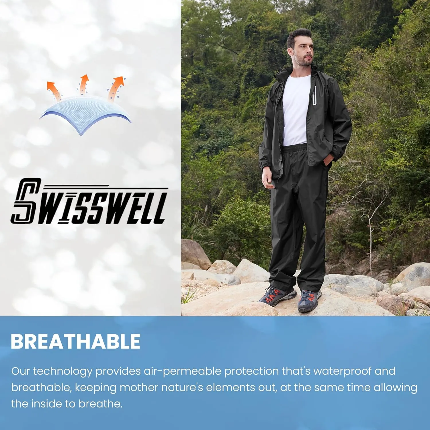 SWISSWELL Men Women Rain Suit Waterproof Lightweight Hooded Raincoat Jacket and Pants for Golf, Hiking, Travel