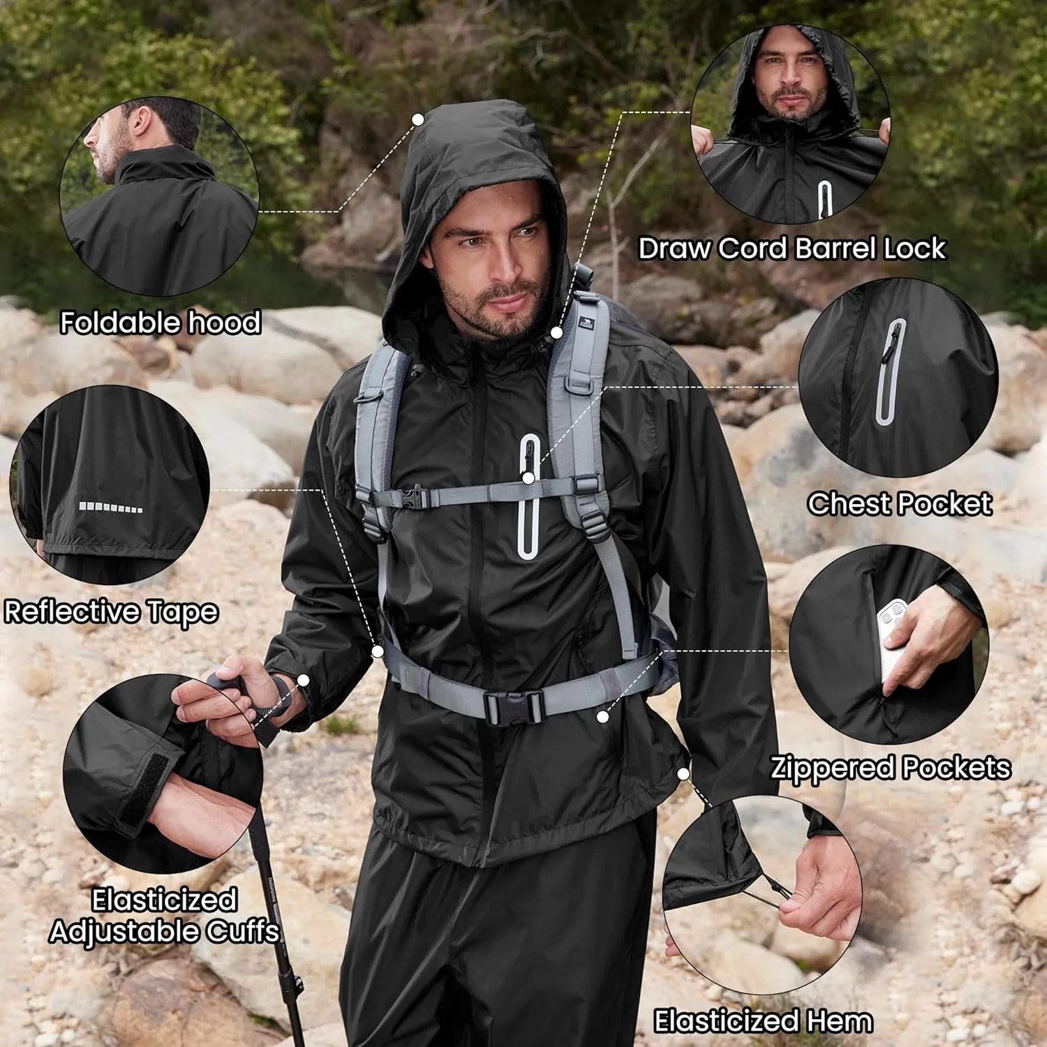 SWISSWELL Men Women Rain Suit Waterproof Lightweight Hooded Raincoat Jacket and Pants for Golf, Hiking, Travel
