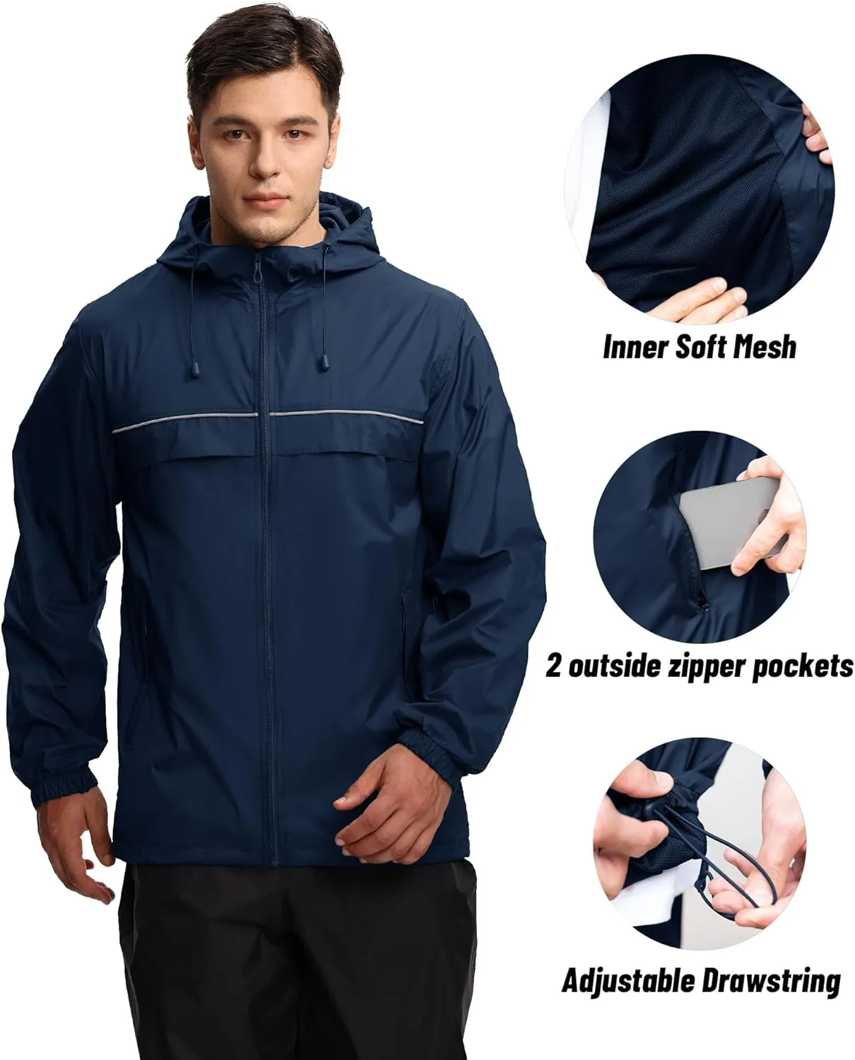 SWISSWELL Mens Waterproof Windbreaker Rain Jacket Lightweight Packable Raincoat with Hood for Golf Hiking Travel