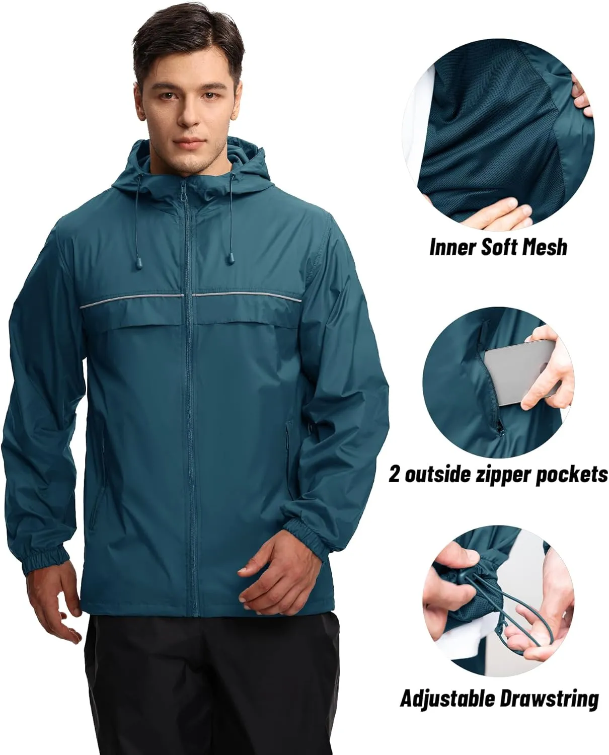SWISSWELL Mens Waterproof Windbreaker Rain Jacket Lightweight Packable Raincoat with Hood for Golf Hiking Travel
