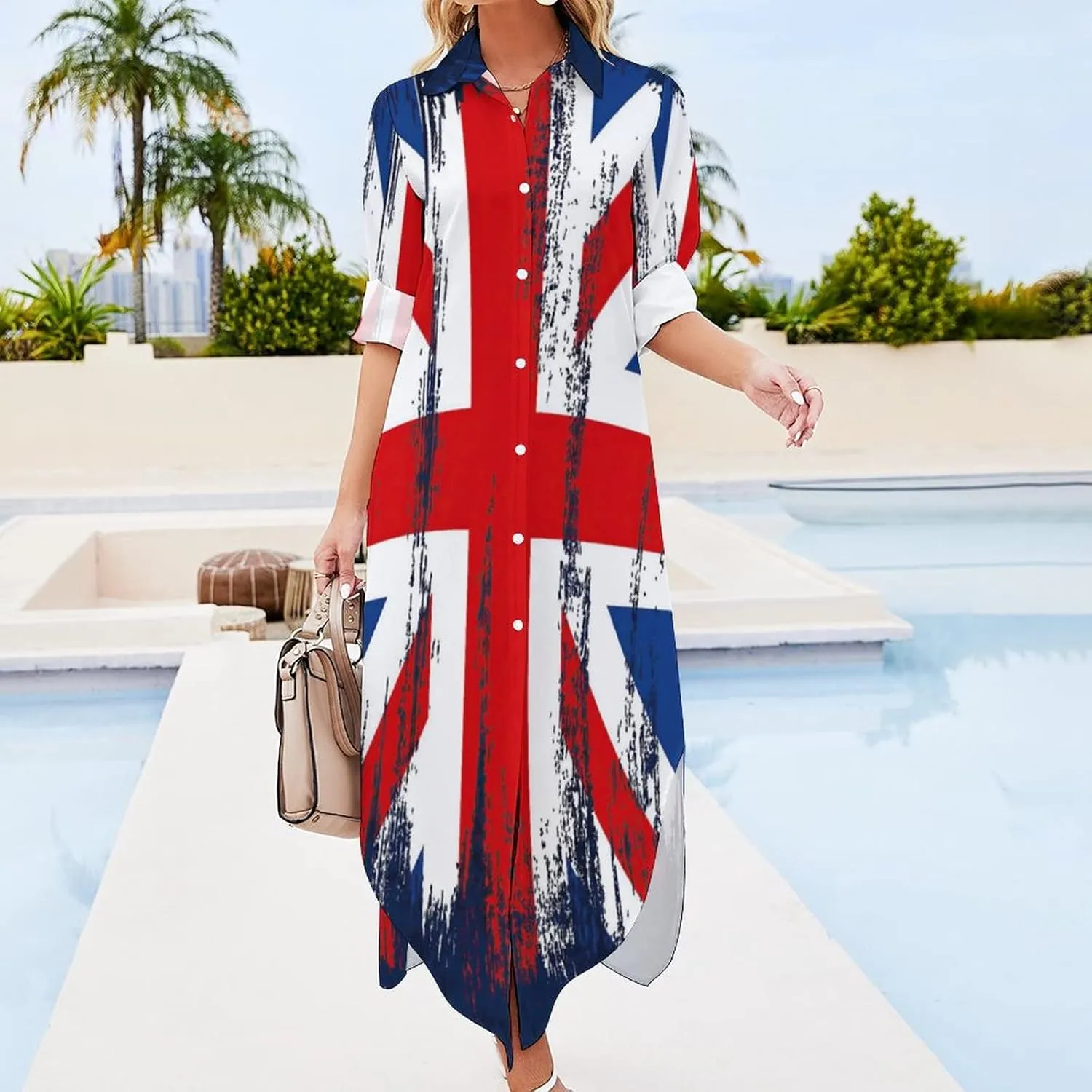 TAIZIYEAH Long Sleeved Shirt Dress British Flag Women's Summer Casual Loose Dress Long Dress Short Sleeve
