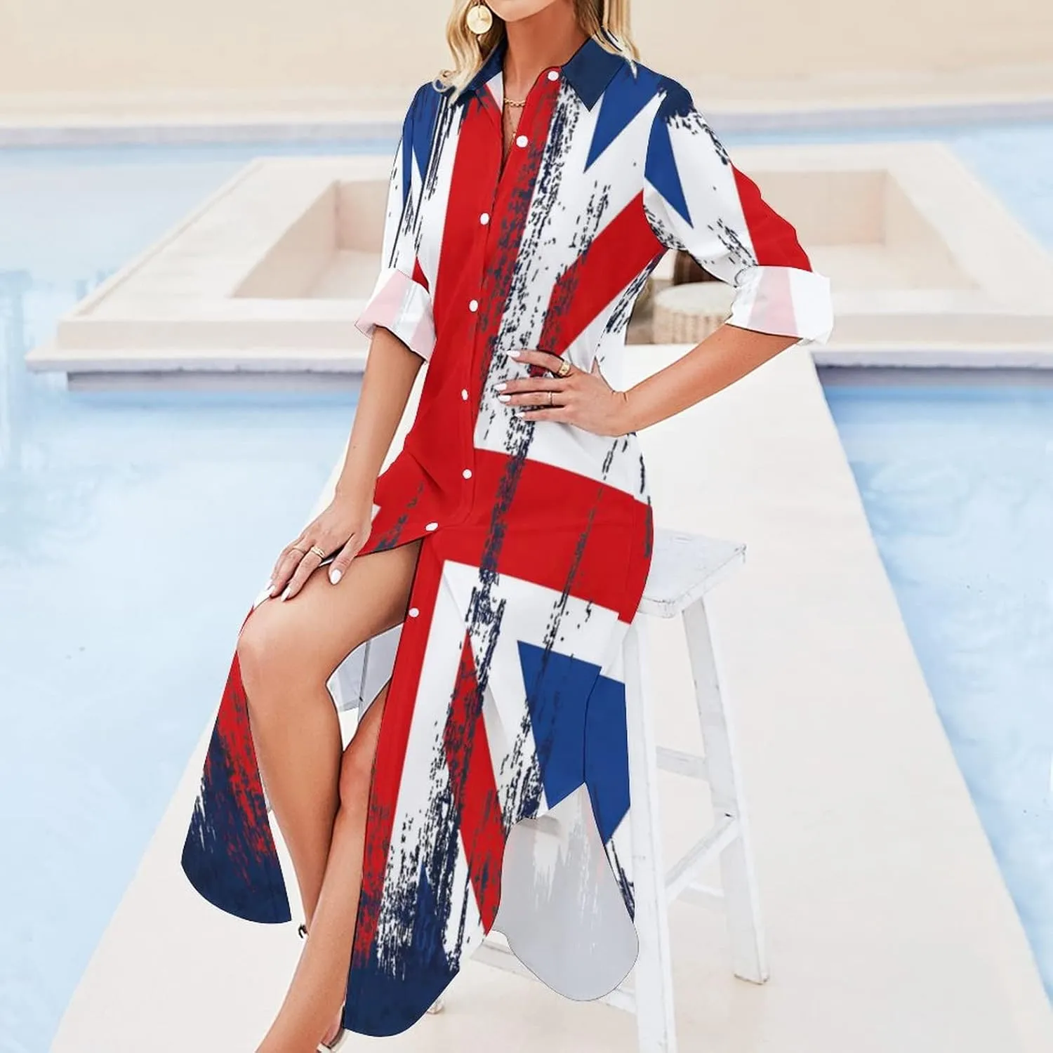 TAIZIYEAH Long Sleeved Shirt Dress British Flag Women's Summer Casual Loose Dress Long Dress Short Sleeve