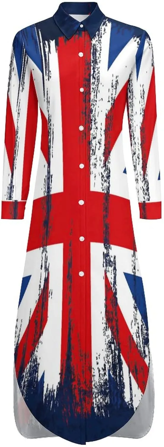 TAIZIYEAH Long Sleeved Shirt Dress British Flag Women's Summer Casual Loose Dress Long Dress Short Sleeve