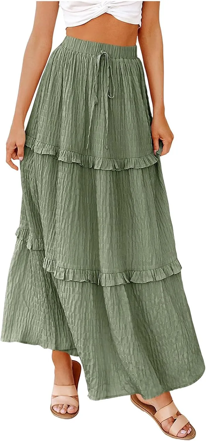Tiered Maxi Skirts for Women 2025 Summer Drawstring Elastic Waisted Flowy Swing A-Line Ruffle Long Boho Skirt