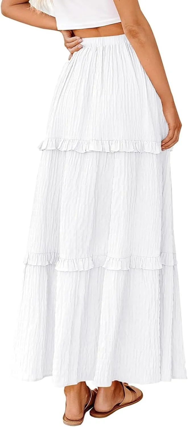 Tiered Maxi Skirts for Women 2025 Summer Drawstring Elastic Waisted Flowy Swing A-Line Ruffle Long Boho Skirt