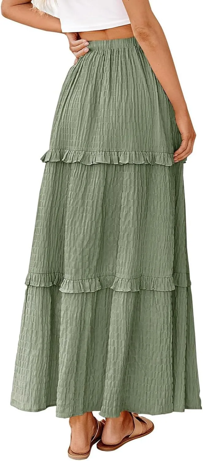 Tiered Maxi Skirts for Women 2025 Summer Drawstring Elastic Waisted Flowy Swing A-Line Ruffle Long Boho Skirt