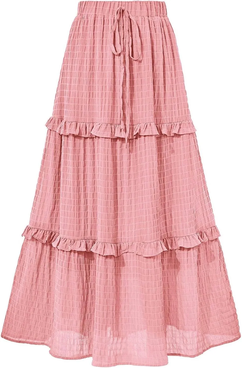 Tiered Maxi Skirts for Women 2025 Summer Drawstring Elastic Waisted Flowy Swing A-Line Ruffle Long Boho Skirt