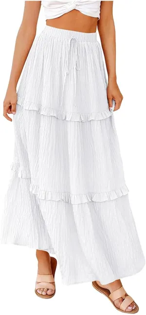 Tiered Maxi Skirts for Women 2025 Summer Drawstring Elastic Waisted Flowy Swing A-Line Ruffle Long Boho Skirt