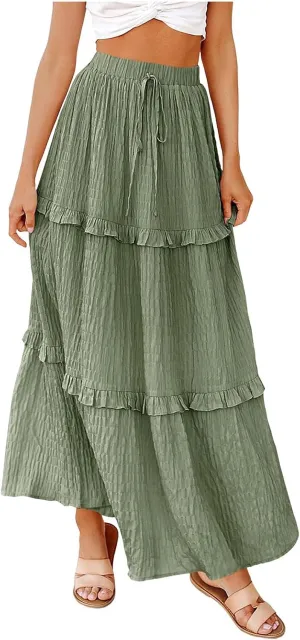 Tiered Maxi Skirts for Women 2025 Summer Drawstring Elastic Waisted Flowy Swing A-Line Ruffle Long Boho Skirt