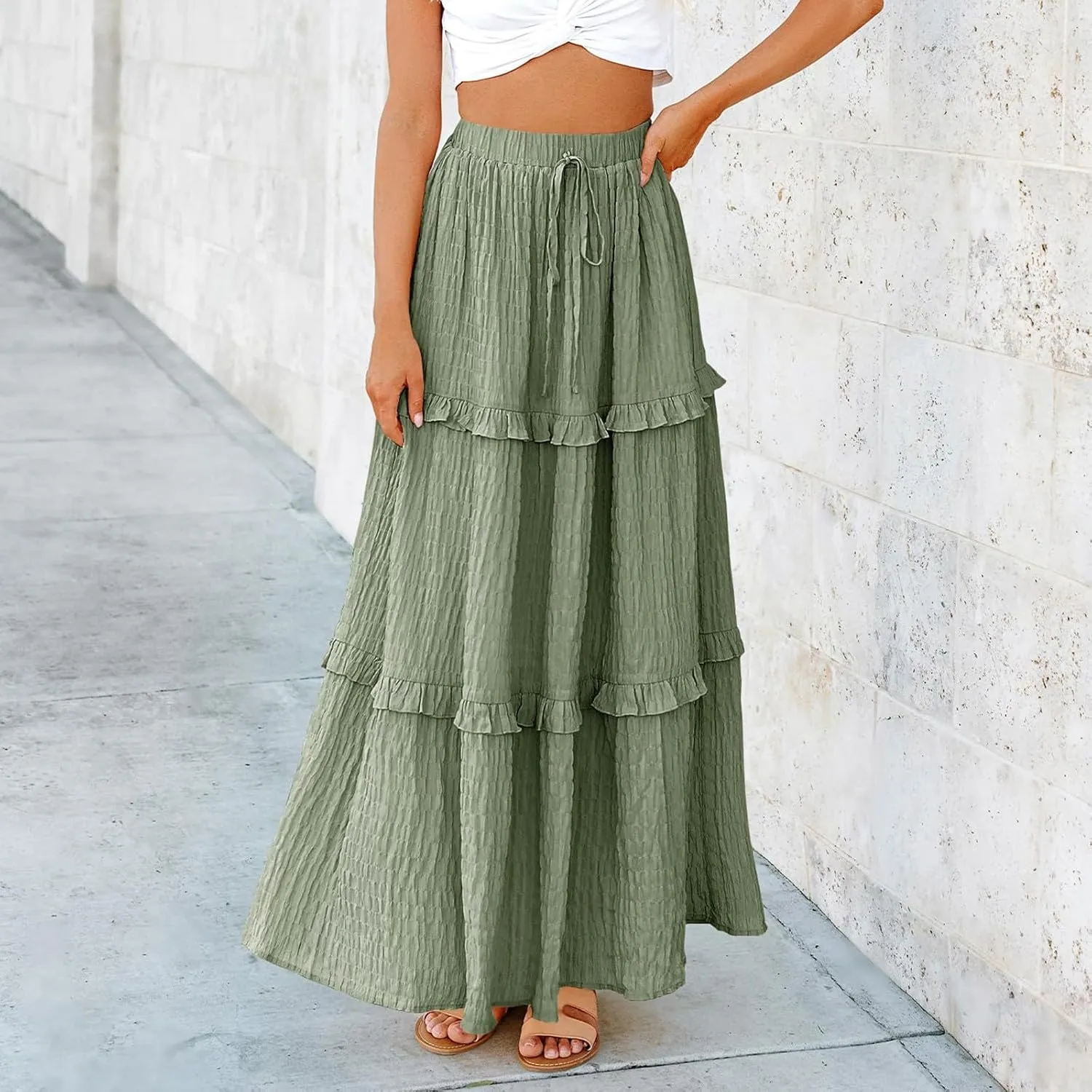 Tiered Maxi Skirts for Women 2025 Summer Drawstring Elastic Waisted Flowy Swing A-Line Ruffle Long Boho Skirt