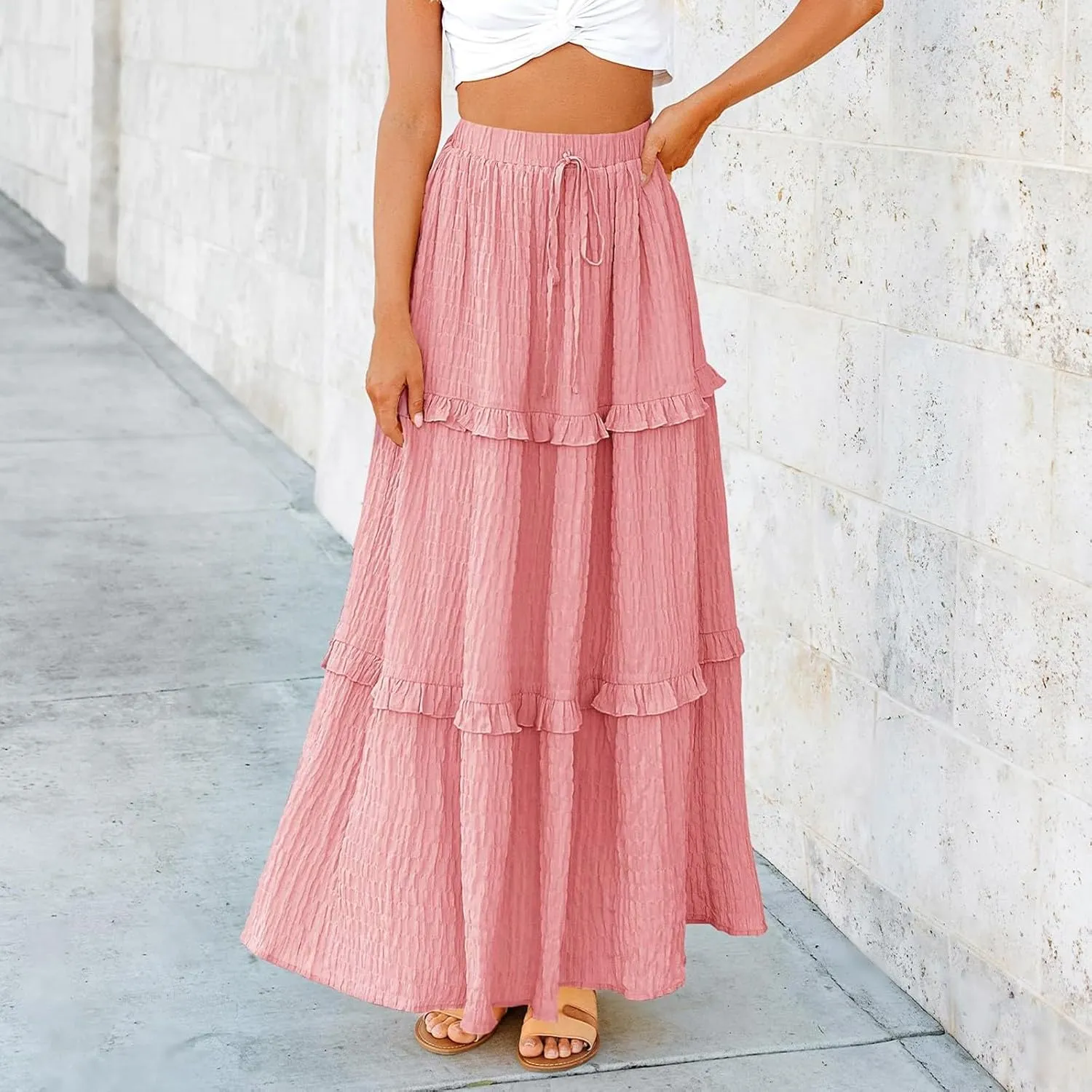 Tiered Maxi Skirts for Women 2025 Summer Drawstring Elastic Waisted Flowy Swing A-Line Ruffle Long Boho Skirt