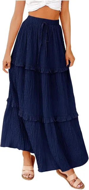 Tiered Maxi Skirts for Women 2025 Summer Drawstring Elastic Waisted Flowy Swing A-Line Ruffle Long Boho Skirt