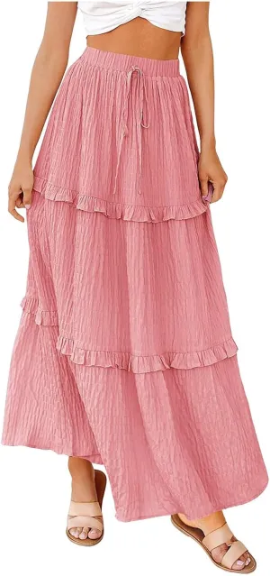 Tiered Maxi Skirts for Women 2025 Summer Drawstring Elastic Waisted Flowy Swing A-Line Ruffle Long Boho Skirt