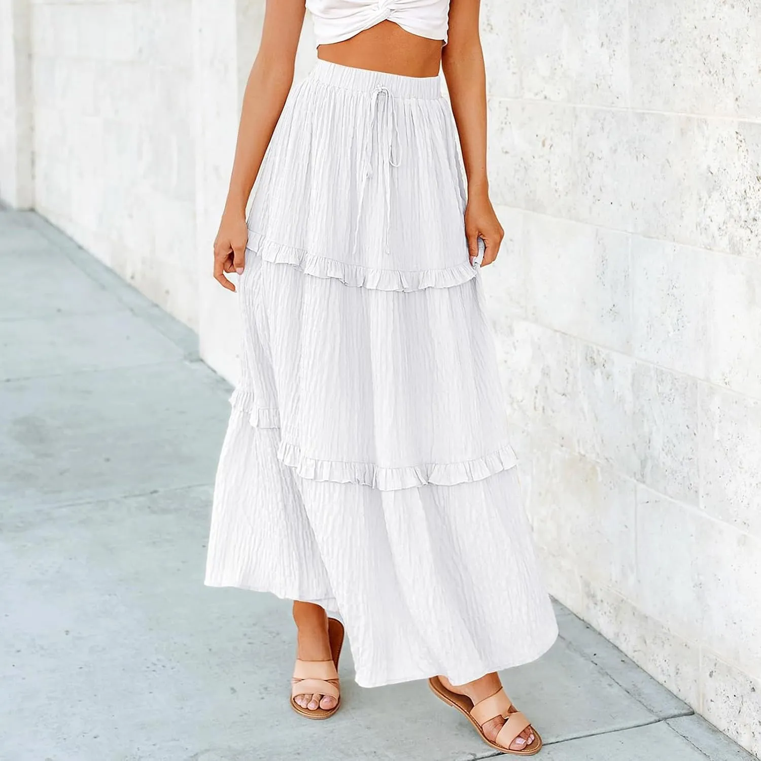 Tiered Maxi Skirts for Women 2025 Summer Drawstring Elastic Waisted Flowy Swing A-Line Ruffle Long Boho Skirt