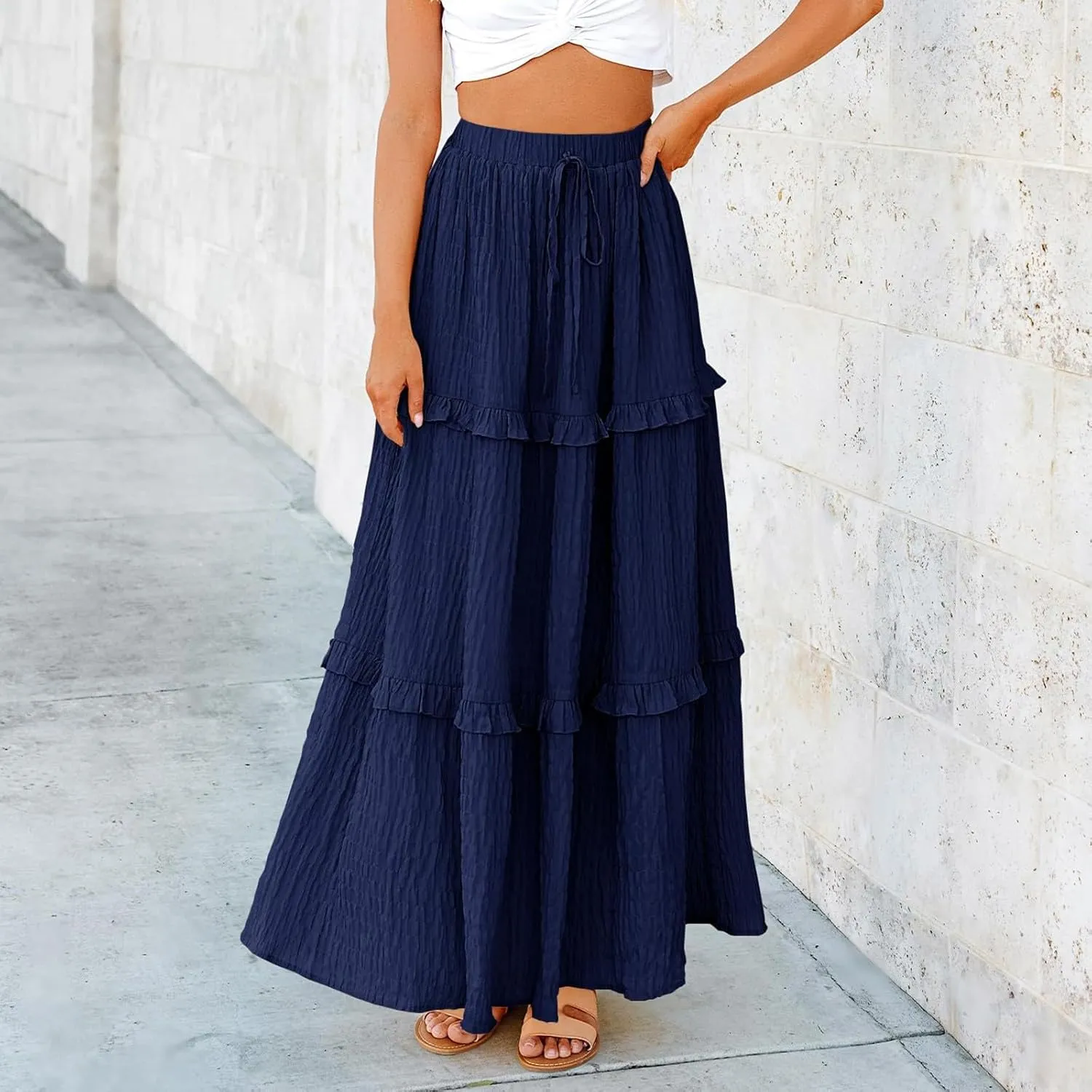 Tiered Maxi Skirts for Women 2025 Summer Drawstring Elastic Waisted Flowy Swing A-Line Ruffle Long Boho Skirt