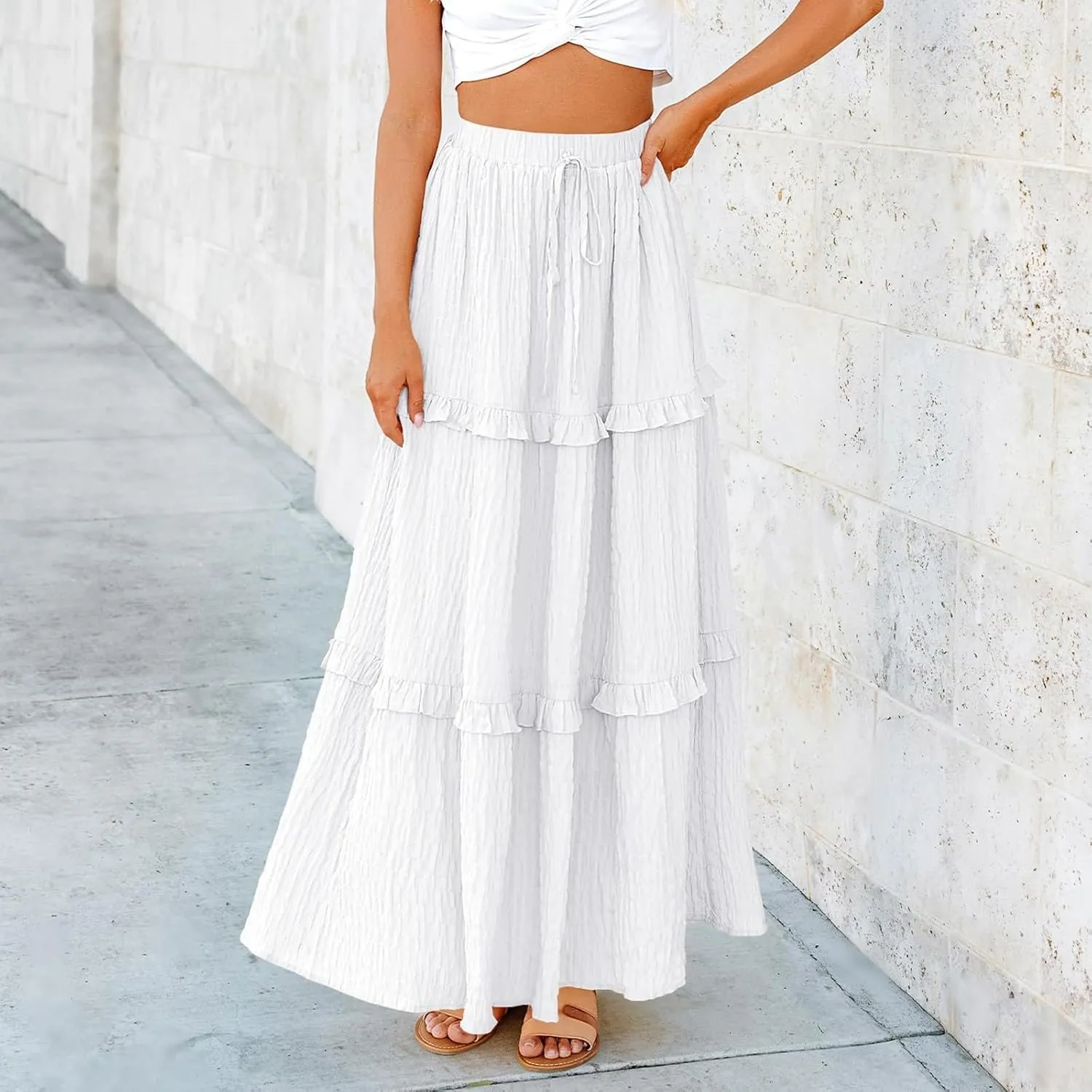 Tiered Maxi Skirts for Women 2025 Summer Drawstring Elastic Waisted Flowy Swing A-Line Ruffle Long Boho Skirt