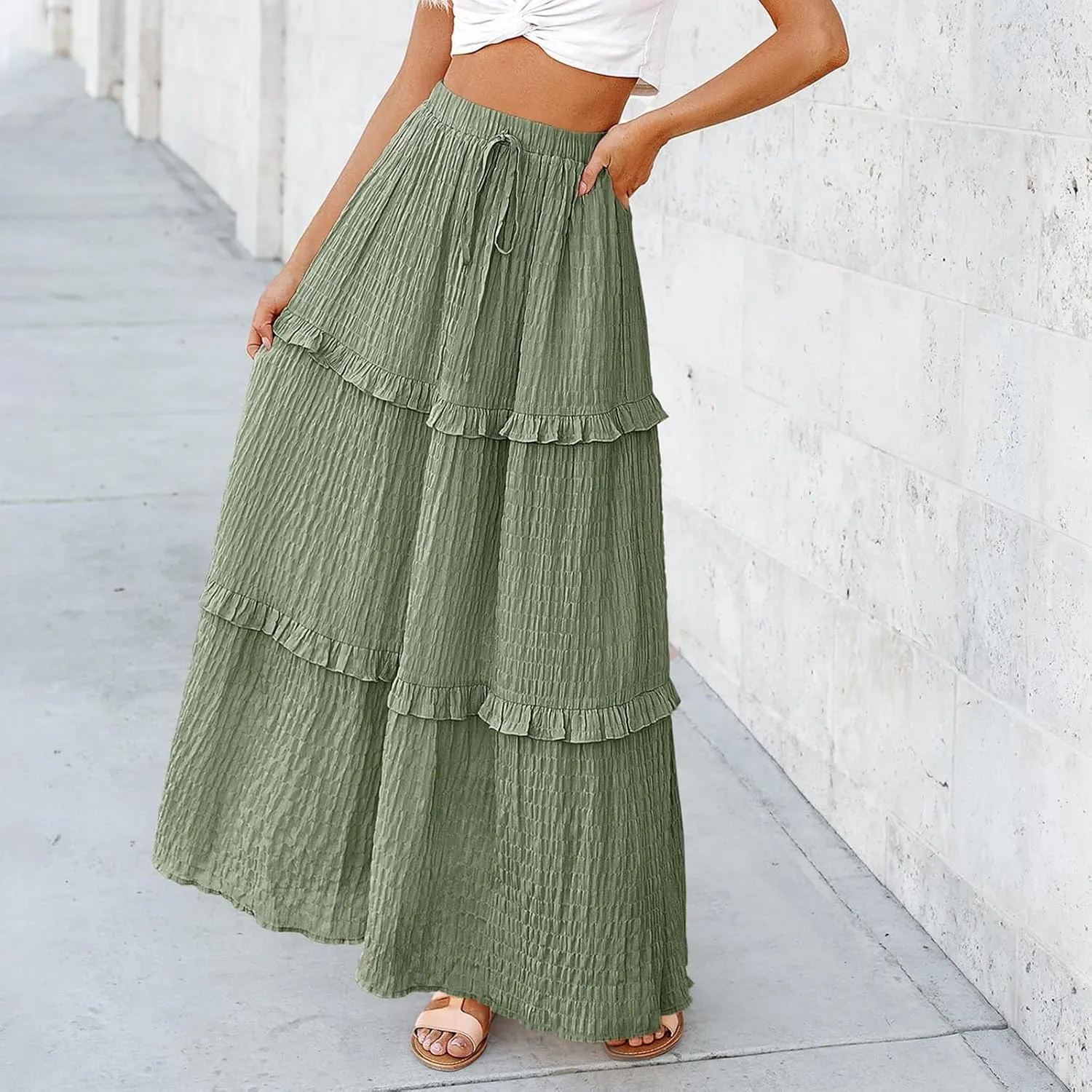 Tiered Maxi Skirts for Women 2025 Summer Drawstring Elastic Waisted Flowy Swing A-Line Ruffle Long Boho Skirt