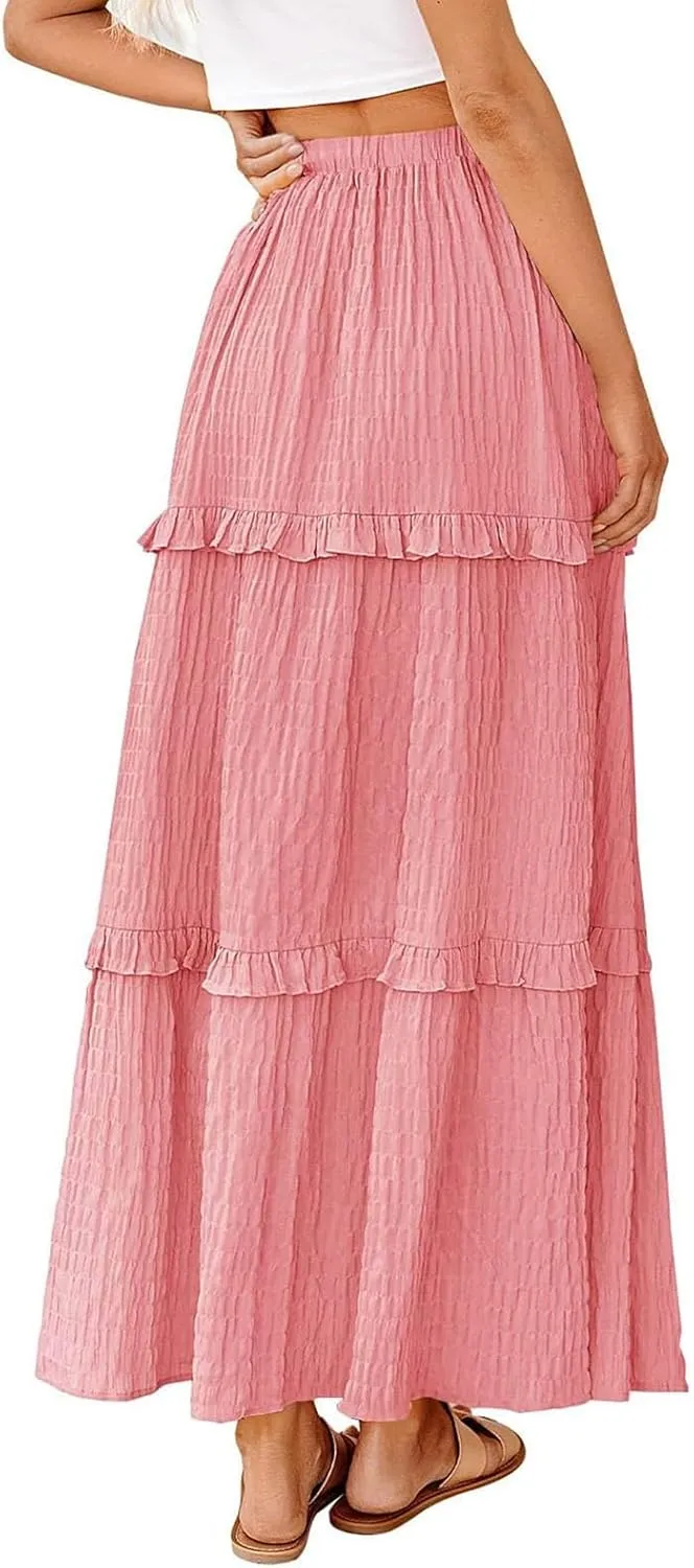 Tiered Maxi Skirts for Women 2025 Summer Drawstring Elastic Waisted Flowy Swing A-Line Ruffle Long Boho Skirt
