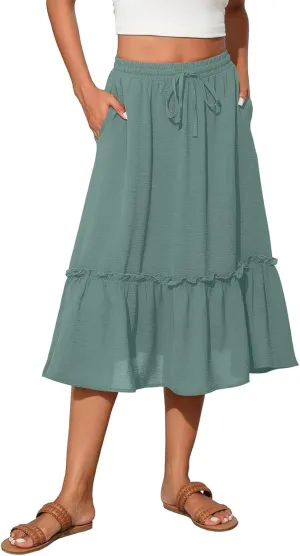 Tiered Midi Skirts for Women Flowy High Waisted Drawstring A Line Skirt with Pockets Summer Casual Cover Up Skirt