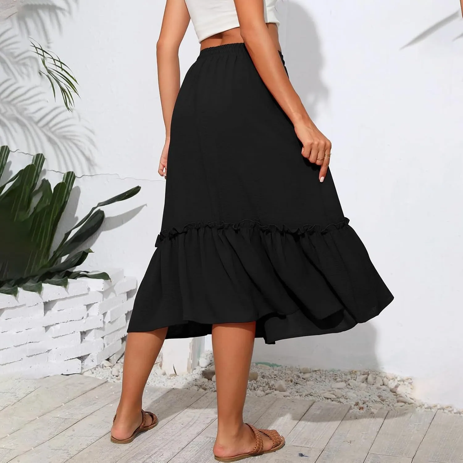 Tiered Midi Skirts for Women Flowy High Waisted Drawstring A Line Skirt with Pockets Summer Casual Cover Up Skirt