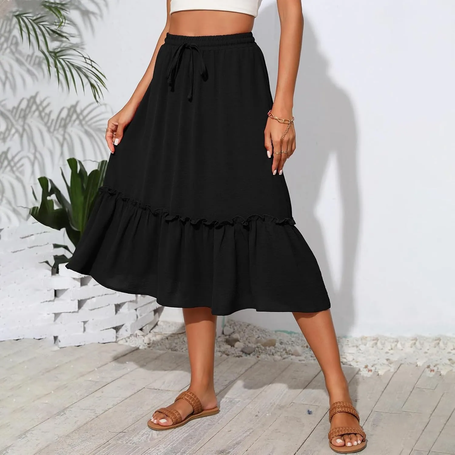Tiered Midi Skirts for Women Flowy High Waisted Drawstring A Line Skirt with Pockets Summer Casual Cover Up Skirt