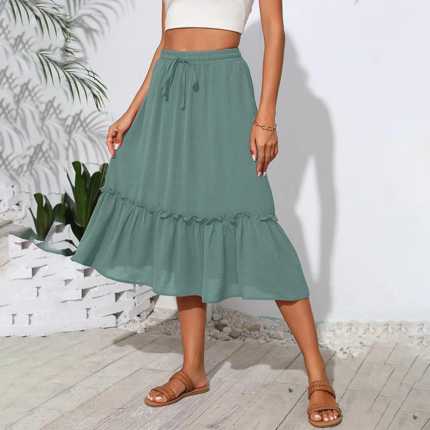Tiered Midi Skirts for Women Flowy High Waisted Drawstring A Line Skirt with Pockets Summer Casual Cover Up Skirt