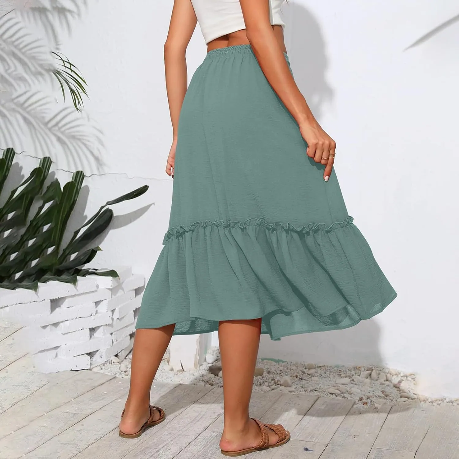 Tiered Midi Skirts for Women Flowy High Waisted Drawstring A Line Skirt with Pockets Summer Casual Cover Up Skirt