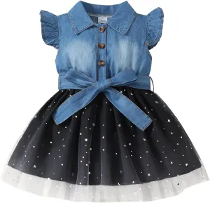 Toddler Girl Clothes Denim Tulle Dresses Baby Summer Tutu Sundress Outfit Toddler Princess Dress for Girls