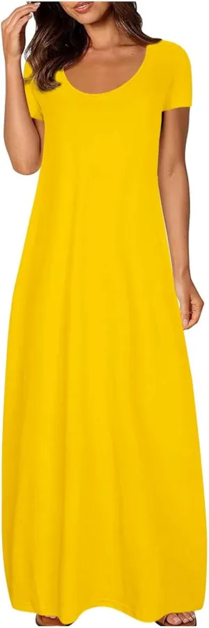 Tshirt Dresses for Women Casual Scoop Neck Short Sleeve Maxi Dress Summer Loose Plain Vacation Long Tee Shirts Dress