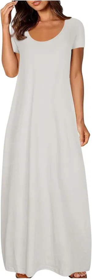 Tshirt Dresses for Women Casual Scoop Neck Short Sleeve Maxi Dress Summer Loose Plain Vacation Long Tee Shirts Dress