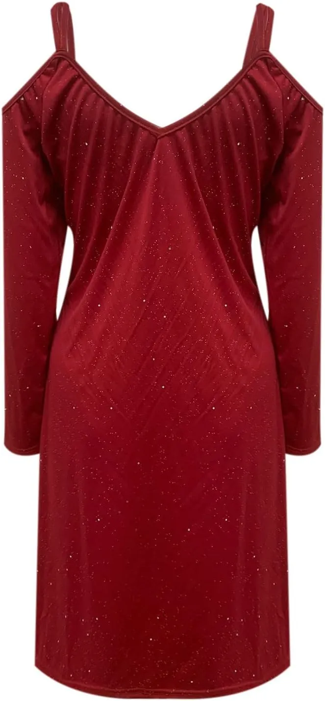 tuduoms Sequin Shift T-Shirt Mini Dress for Women Sexy Off Shoulder Dress Shimmer Glitter Long Sleeve Formal Evening Dresses