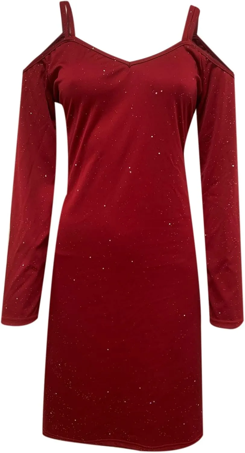 tuduoms Sequin Shift T-Shirt Mini Dress for Women Sexy Off Shoulder Dress Shimmer Glitter Long Sleeve Formal Evening Dresses