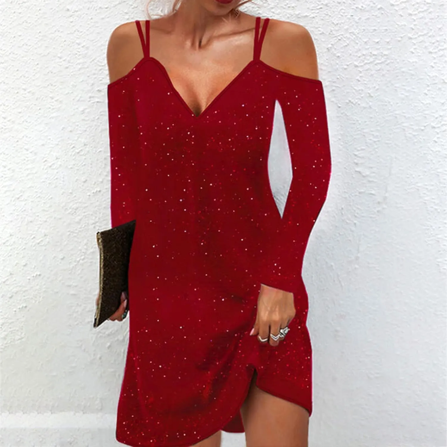 tuduoms Sequin Shift T-Shirt Mini Dress for Women Sexy Off Shoulder Dress Shimmer Glitter Long Sleeve Formal Evening Dresses