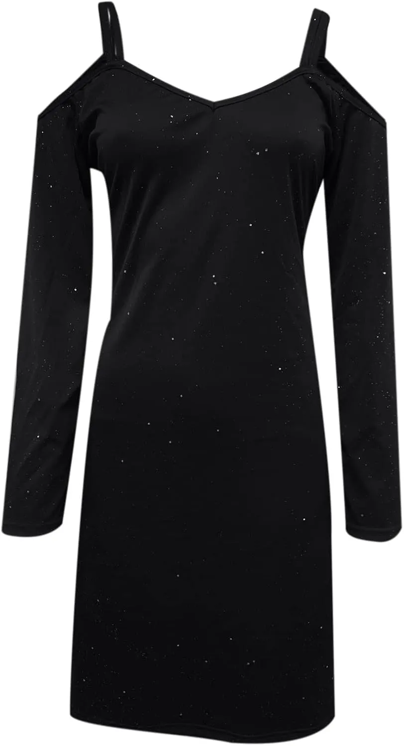 tuduoms Sequin Shift T-Shirt Mini Dress for Women Sexy Off Shoulder Dress Shimmer Glitter Long Sleeve Formal Evening Dresses