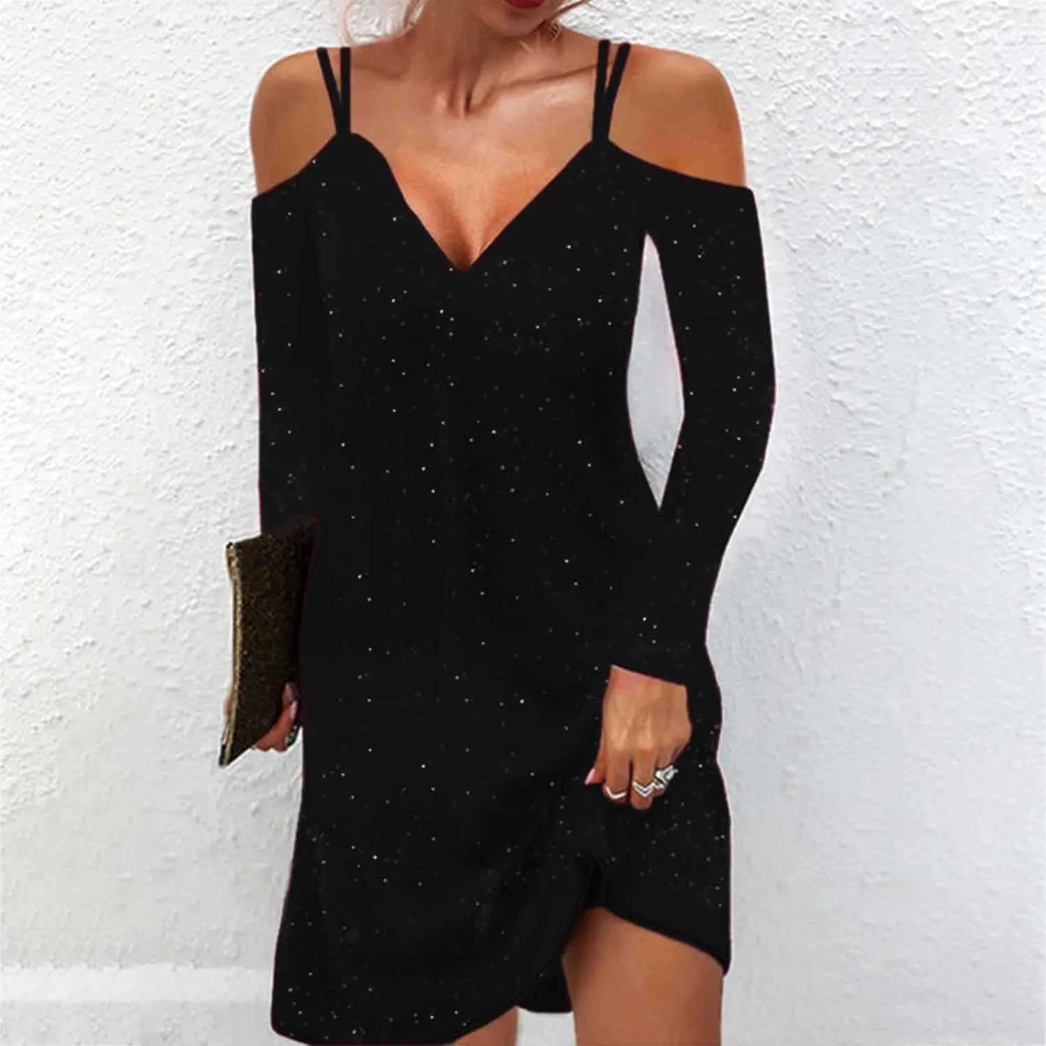 tuduoms Sequin Shift T-Shirt Mini Dress for Women Sexy Off Shoulder Dress Shimmer Glitter Long Sleeve Formal Evening Dresses