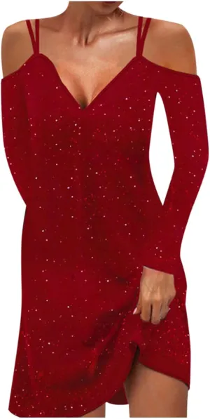 tuduoms Sequin Shift T-Shirt Mini Dress for Women Sexy Off Shoulder Dress Shimmer Glitter Long Sleeve Formal Evening Dresses
