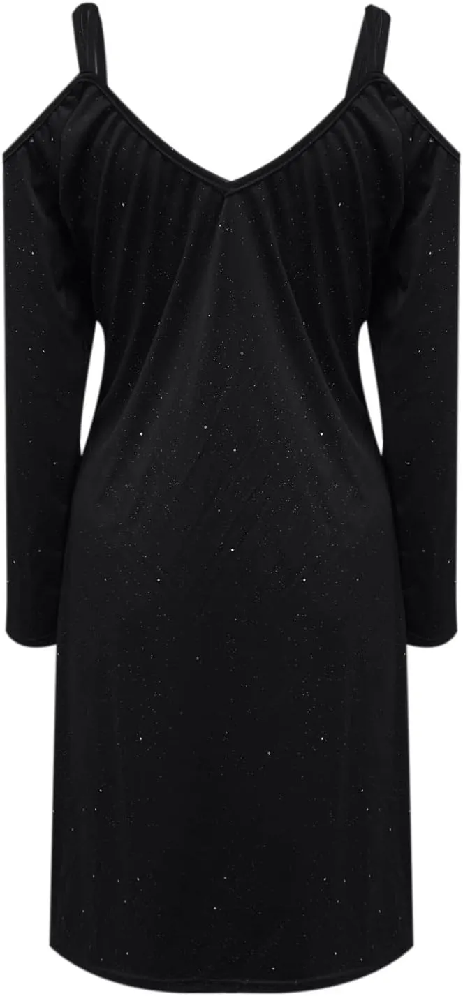 tuduoms Sequin Shift T-Shirt Mini Dress for Women Sexy Off Shoulder Dress Shimmer Glitter Long Sleeve Formal Evening Dresses