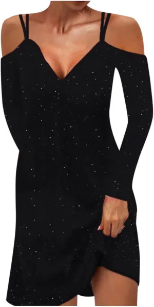 tuduoms Sequin Shift T-Shirt Mini Dress for Women Sexy Off Shoulder Dress Shimmer Glitter Long Sleeve Formal Evening Dresses