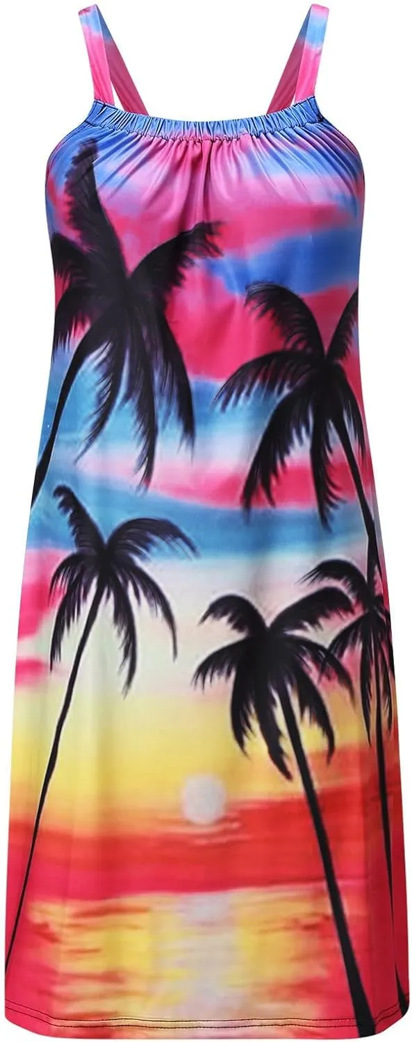 tuduoms Summer Tropical Dresses for Women Hawaiian Beach Floral Shift Sundress Casual Sleeveless Boho Swing Mini Tank Dress