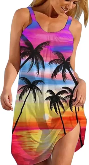 tuduoms Summer Tropical Dresses for Women Hawaiian Beach Floral Shift Sundress Casual Sleeveless Boho Swing Mini Tank Dress