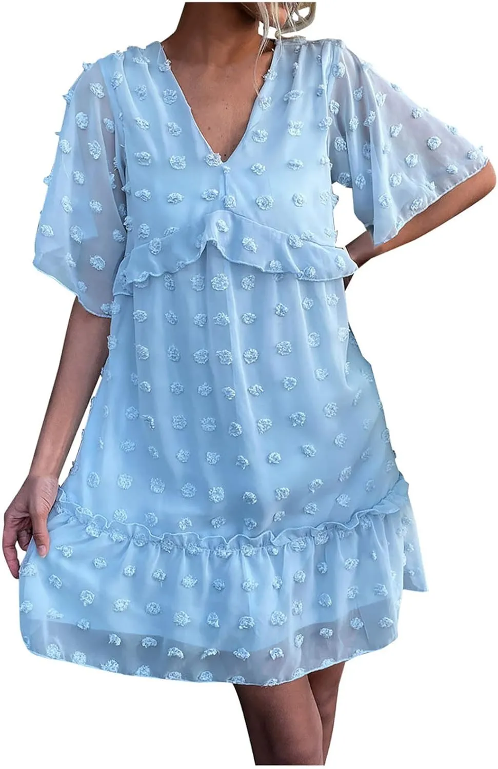 tuduoms Summer Women's Swiss Dot Chiffon Dress Short Sleeve V Neck Beach Mini Dress Casual Ruffle Tiered Flowy Shift Sundress