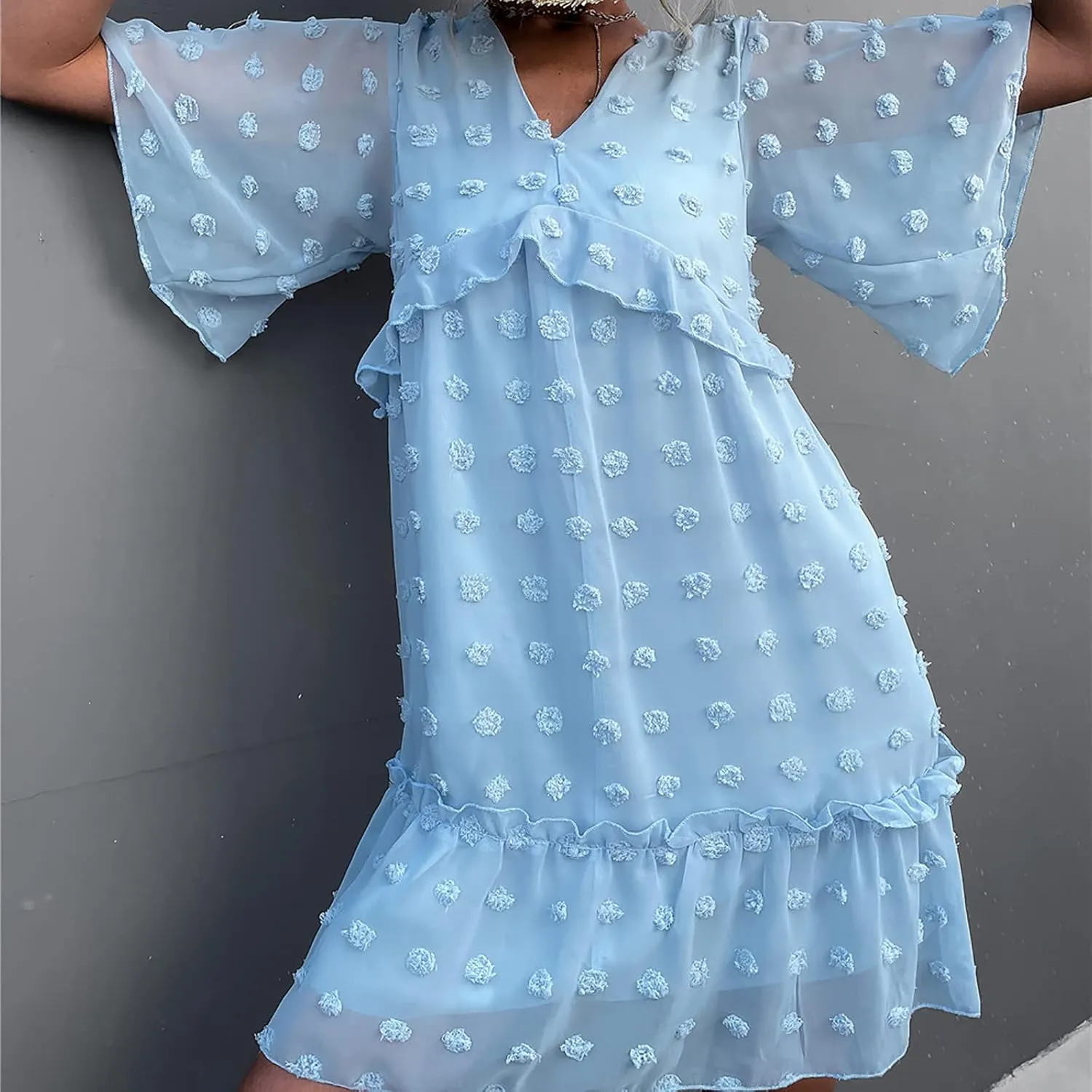 tuduoms Summer Women's Swiss Dot Chiffon Dress Short Sleeve V Neck Beach Mini Dress Casual Ruffle Tiered Flowy Shift Sundress