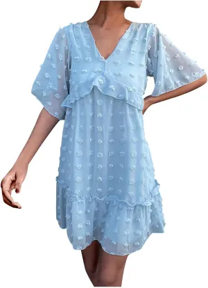 tuduoms Summer Women's Swiss Dot Chiffon Dress Short Sleeve V Neck Beach Mini Dress Casual Ruffle Tiered Flowy Shift Sundress