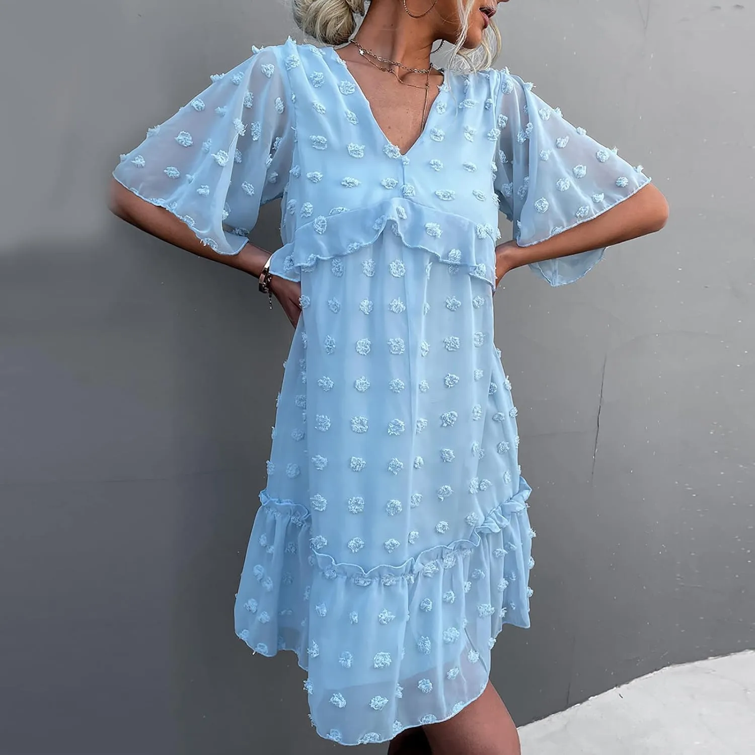 tuduoms Summer Women's Swiss Dot Chiffon Dress Short Sleeve V Neck Beach Mini Dress Casual Ruffle Tiered Flowy Shift Sundress