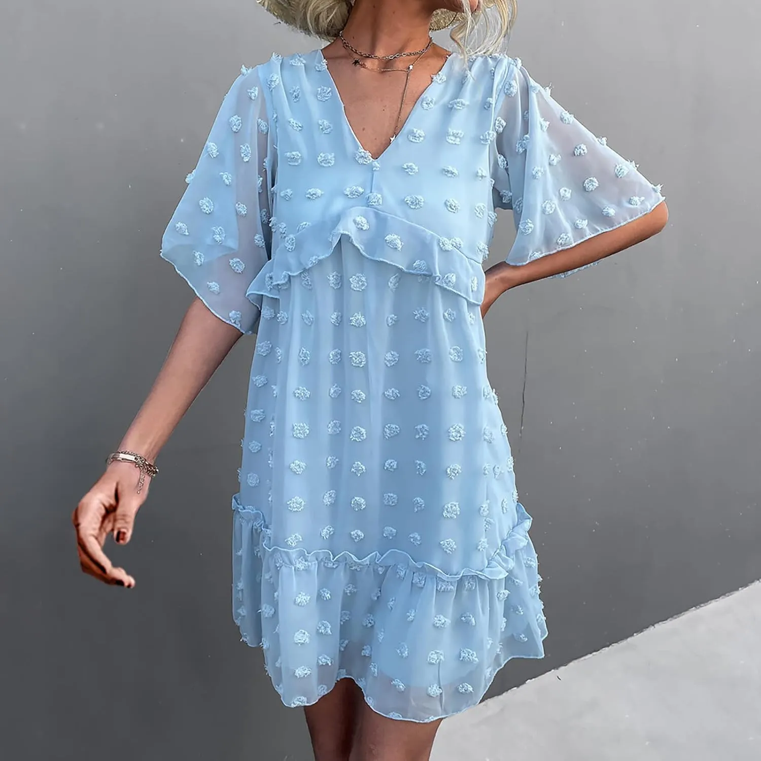 tuduoms Summer Women's Swiss Dot Chiffon Dress Short Sleeve V Neck Beach Mini Dress Casual Ruffle Tiered Flowy Shift Sundress