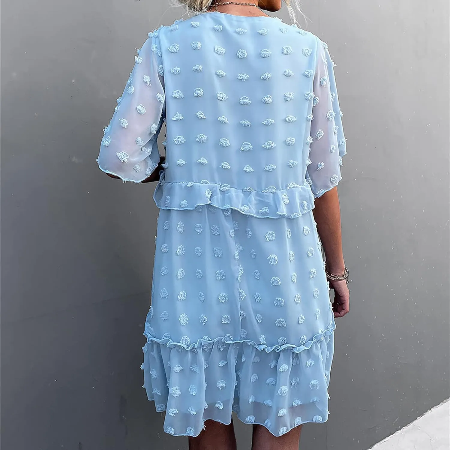 tuduoms Summer Women's Swiss Dot Chiffon Dress Short Sleeve V Neck Beach Mini Dress Casual Ruffle Tiered Flowy Shift Sundress